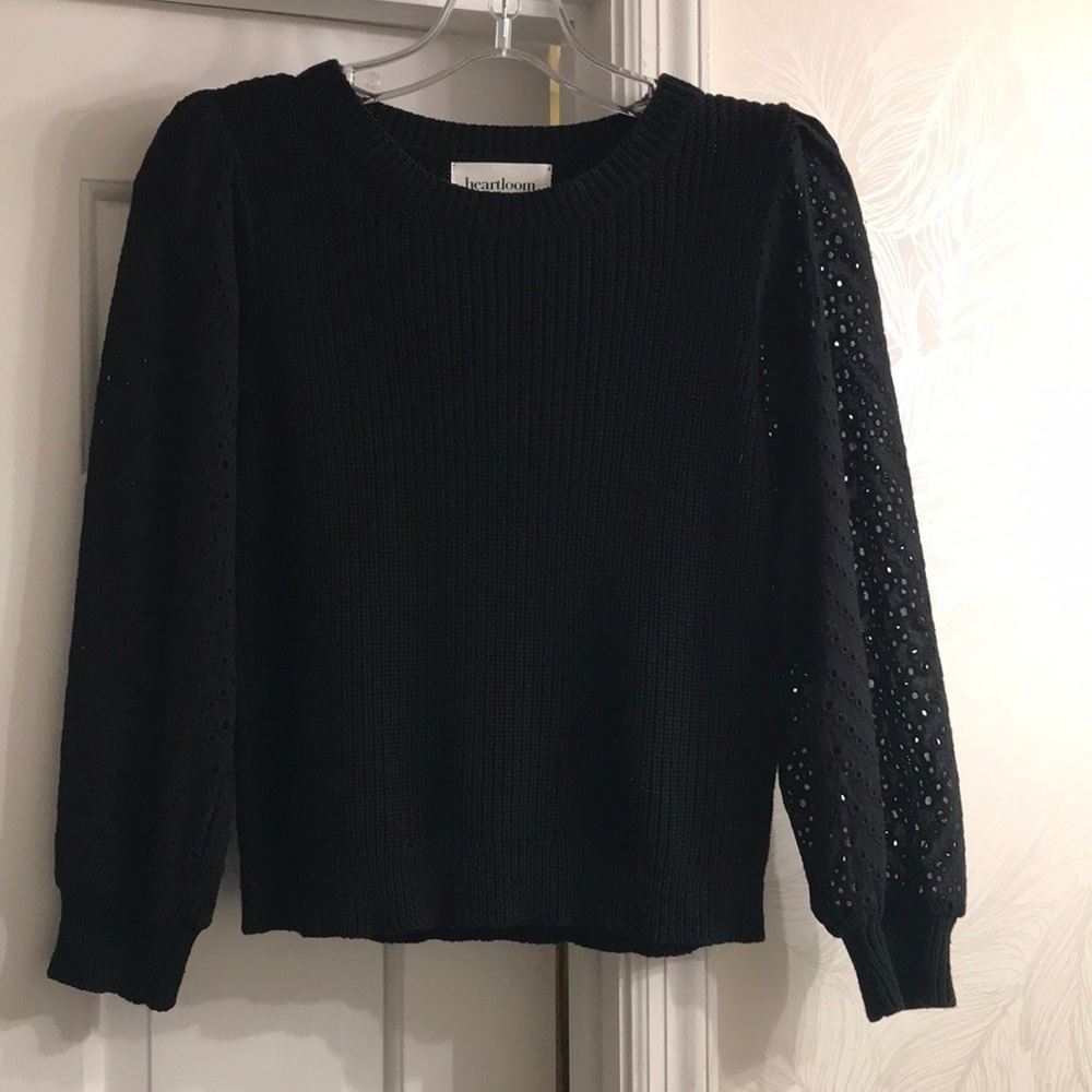Fitted sweater with eyelet puff sleeves